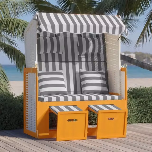 Strandkorb vidaXL in Polyrattan e Legno di Abete con Cuscini e Tendalino, Bianco e Grigio a Righe – 1