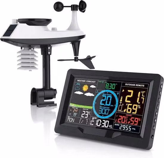 Stazione meteorologica 5 in 1 - Con sensore esterno, previsioni del tempo, anemometro, pluviometro, termometro, igrometro, barometro, ora legale, pannello solare