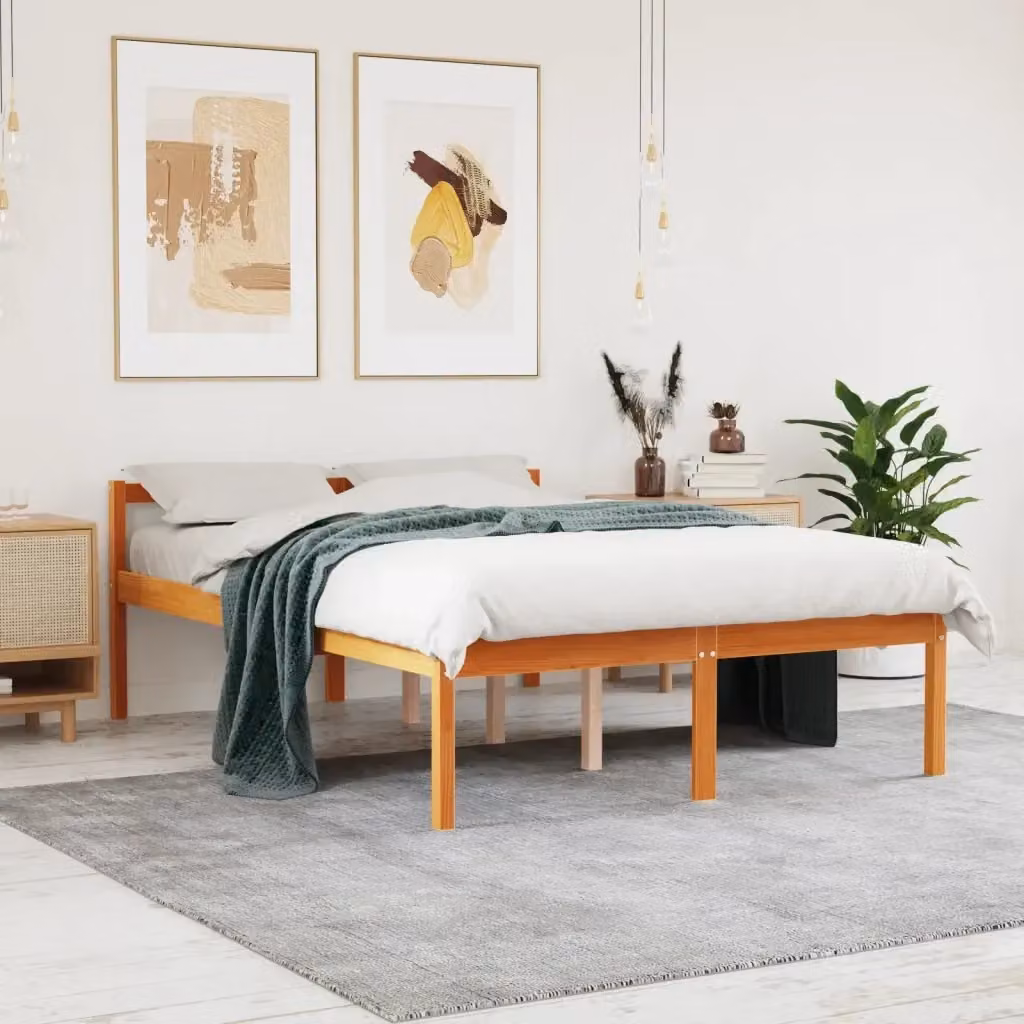 Letto matrimoniale in legno massello di pino color marrone cera per adulti e anziani L: 120 cm, P: 200 cm, H: 70.5 cm – 2