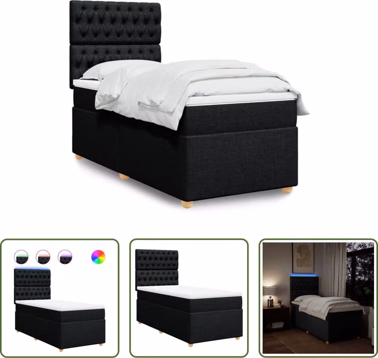 The Living Store Letto a molle con materasso nero 100x200 cm in tessuto