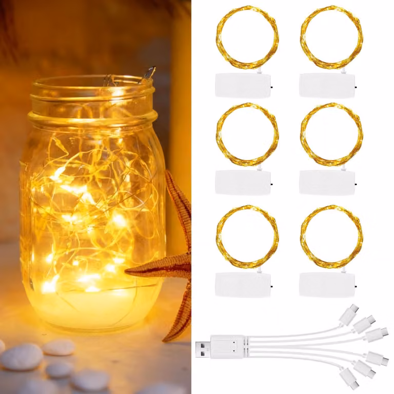 Set di 6 luci a LED, luce bianco caldo, lunghezza 2 metri, 20 LED, ricaricabili