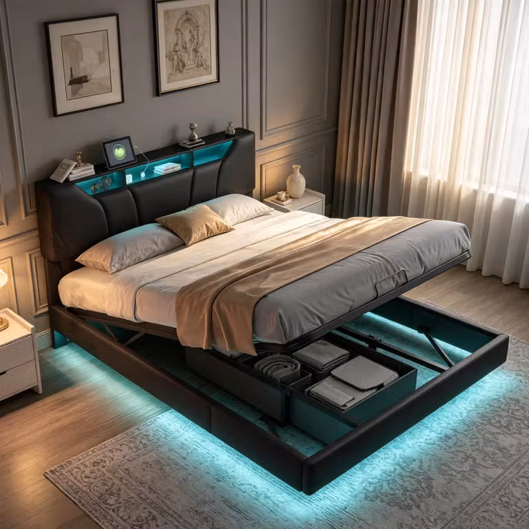 Letto imbottito INONEFT 140x200 cm con LED, letto box con sistema idraulico, contenitore e rete a doghe, letto matrimoniale contenitore con cassone, in PU, colore nero