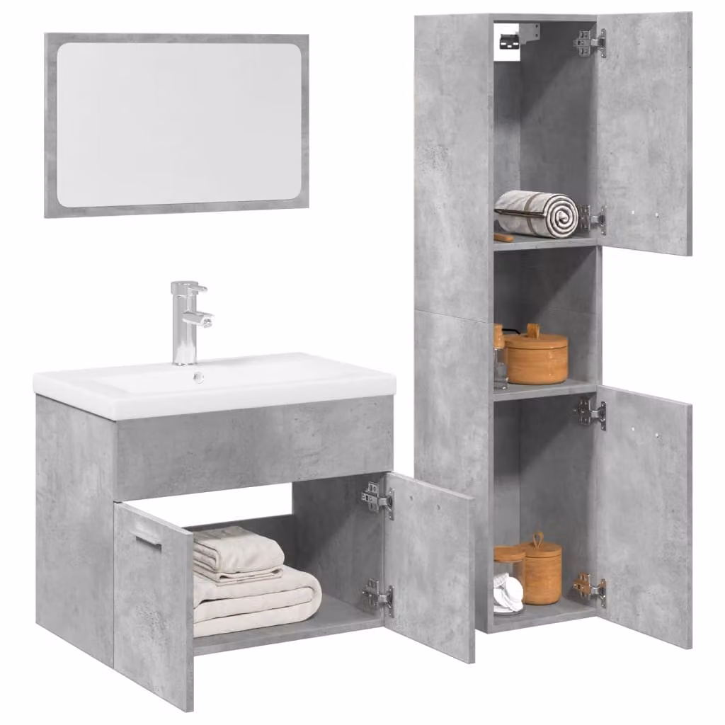 Set di mobili da bagno moderno vidaXL in legno e MDF, colore grigio e bianco, composto da mobile lavabo e pensili a muro con ante a cerniera e ripiani interni