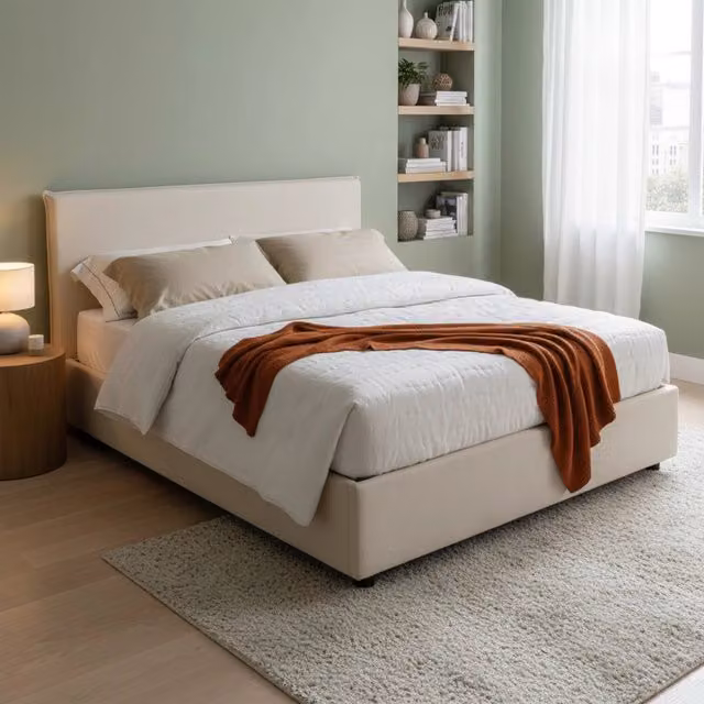 Letto matrimoniale contenitore Angelic di Talamo Italia con rivestimento in tessuto beige, adatto per materasso 140x190 cm