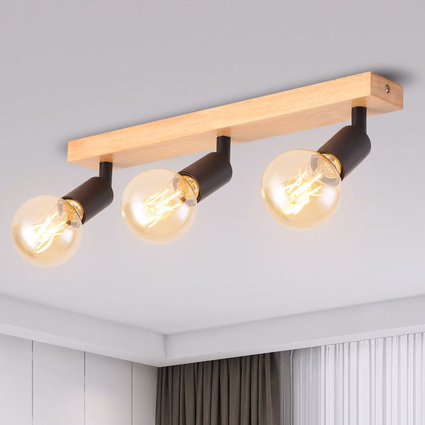 ANWIO, plafoniera in legno nera, 3 luci, lampada da soffitto E27, stile vintage, adatta per soggiorno, camera da letto, cucina (senza lampadina). EUC-EA190812-27-03RB-1U