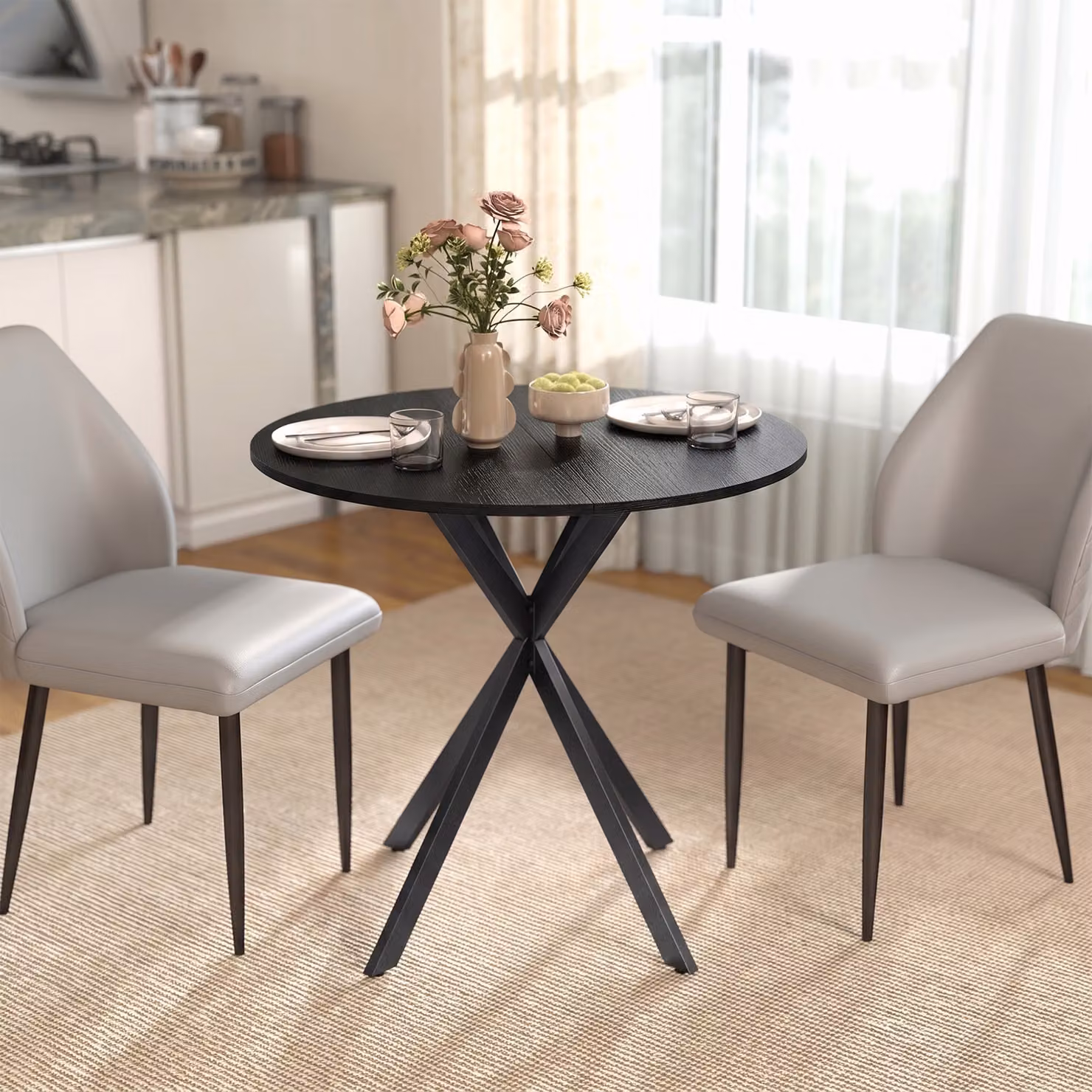 Tavolo da pranzo rotondo HOMCOM in stile industriale con piano in legno rovere e gambe a croce in acciaio nero, Ø80 x H 75 cm – 2