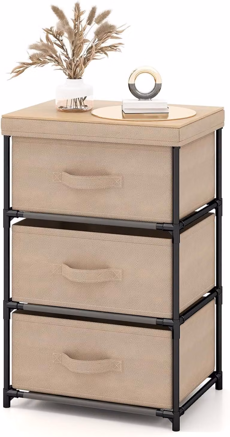KOMFOTTEU Comodino con 3 cassetti estraibili e pieghevoli, contenitore in tessuto, robusto telaio in metallo, 20 x 48 x 76 cm (L x P x A)