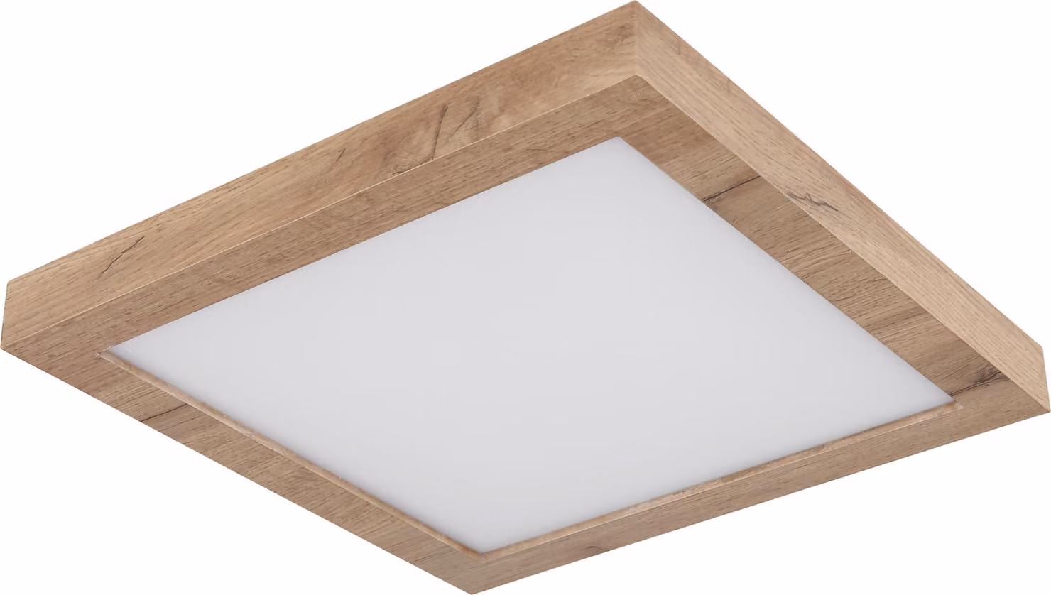 Plafoniera Globo Lighting, metallo bianco opaco, MDF effetto legno scuro, plastica opale, LxPxH: 350x350x60mm, incl. LED 16W 230V, sorgente 1800lm, potenza 620lm, 3000K