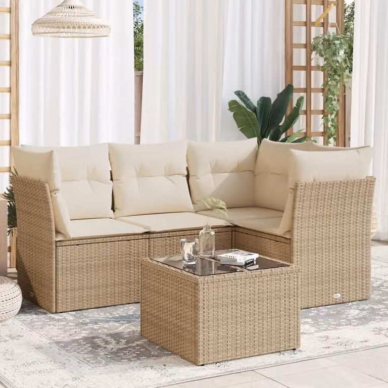 vidaXL Set Divano da Giardino 5 pz a Forma a L con Cuscini Beige e Tavolino in Vetro