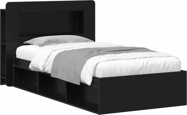 Letto singolo | Letto per adulti | Telaio del letto con storage con testiera Nero 90 x 200 cm