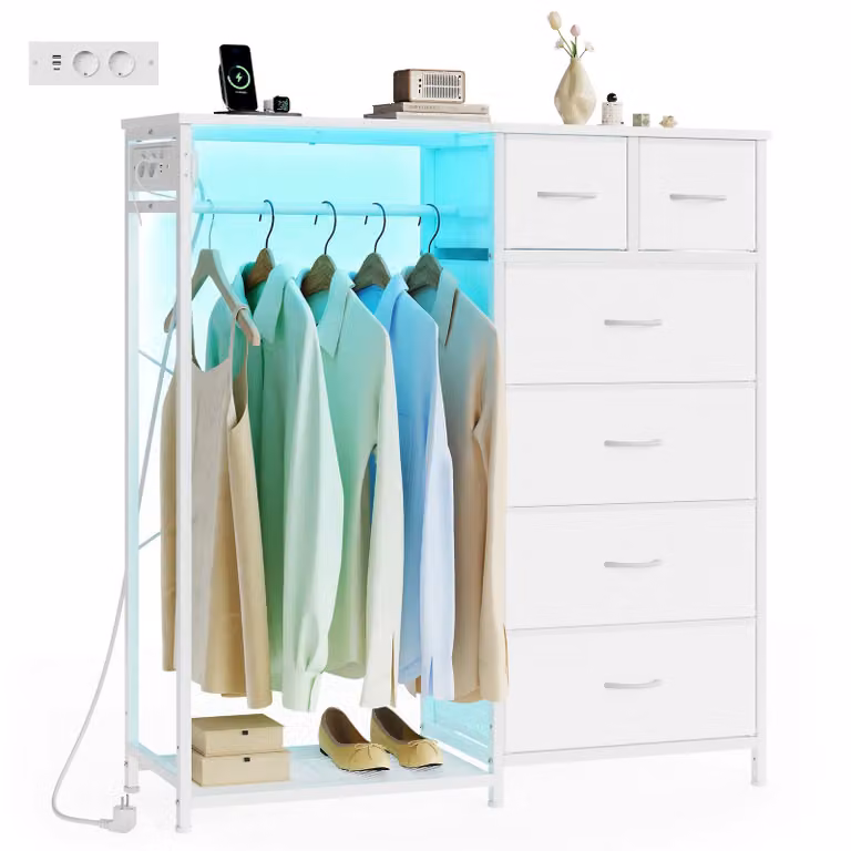 Stand appendiabiti con cassettiera in tessuto barra e ripiano inferiore, Bianco Nuvola / 6 Cassetti