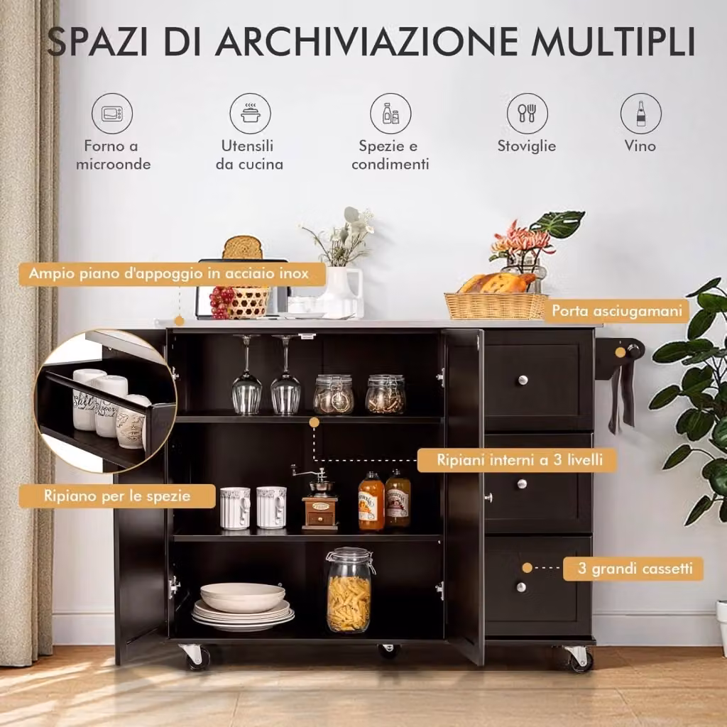 Carrello da cucina Costway con piano in acciaio inox, isola con 3 cassetti, armadietto a 2 ante e ripiani regolabili, L: 135 cm, P: 45,5 cm, H: 91,5 cm, Marrone – 2