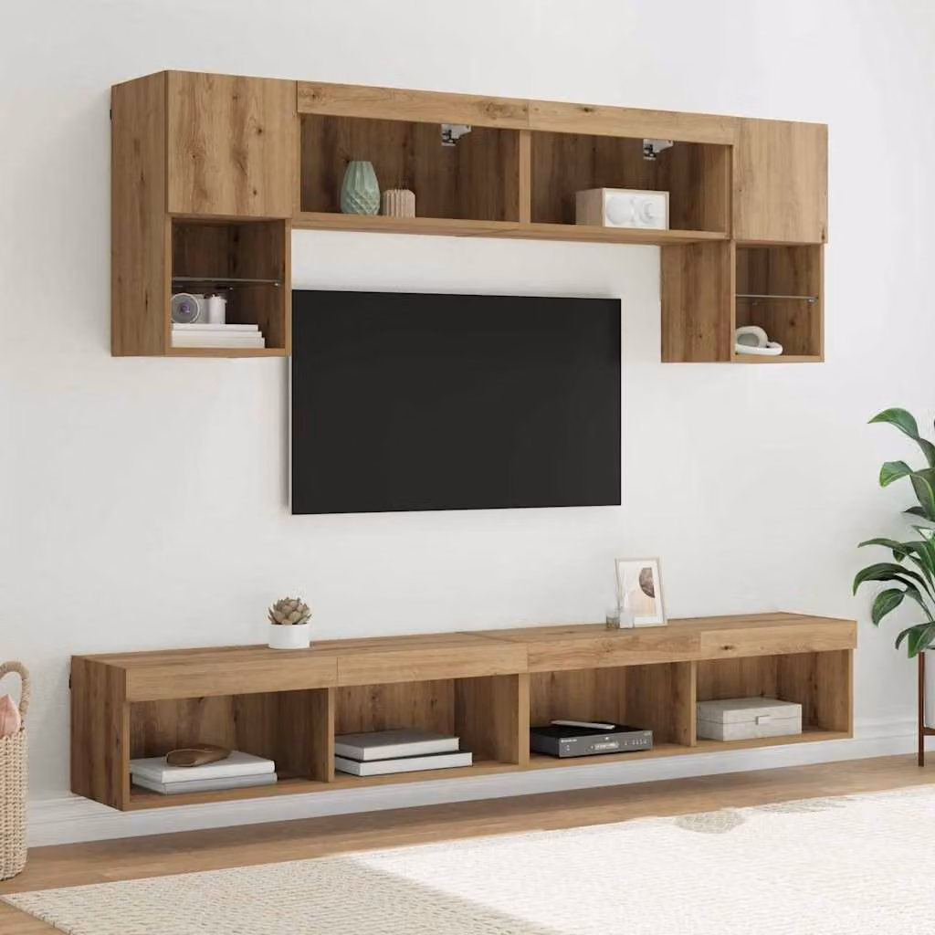 vidaXL Unità a muro per TV moderna con illuminazione LED integrata, 6 pezzi, Rovere artigianale, Marrone, L: 100 cm, P: 30 cm, H: 30 cm – 1