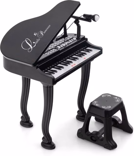 Pianoforte giocattolo multifunzionale con 37 tasti, sgabello e microfono, tastiera portatile per bambini in plastica, colore nero – 1