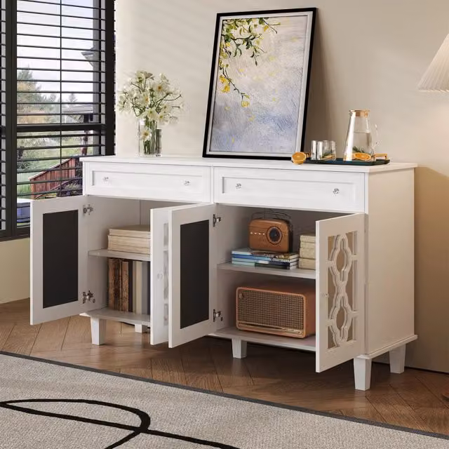 Madia moderna REDOM in MDF laccato bianco con top a specchio, L: 140 cm, P: 40 cm, H: 83 cm