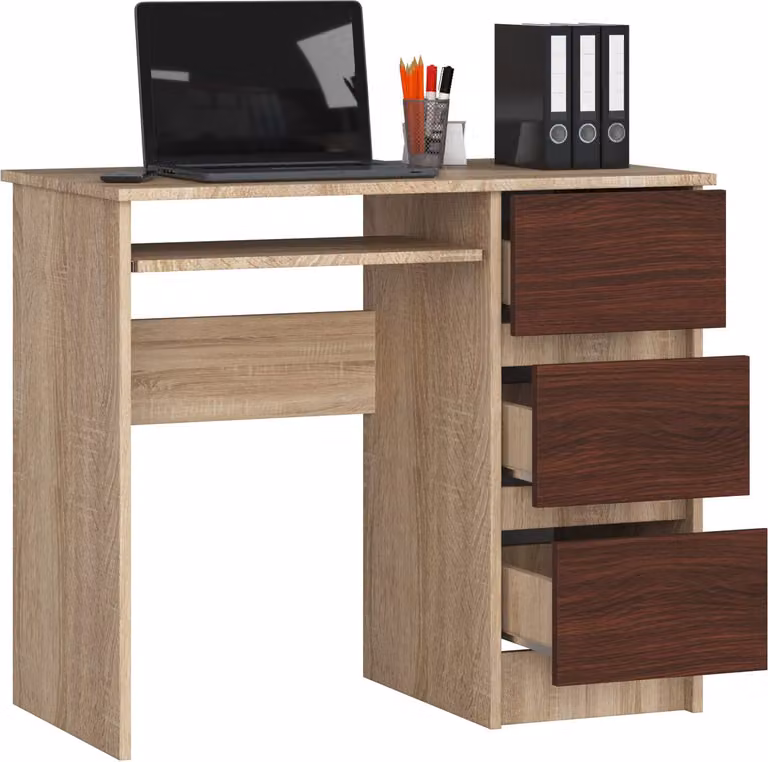 BDW, scrivania per computer con 3 cassetti, cassetto per tastiera, 90x77x50 cm, rovere Sonoma / Venga (a destra)