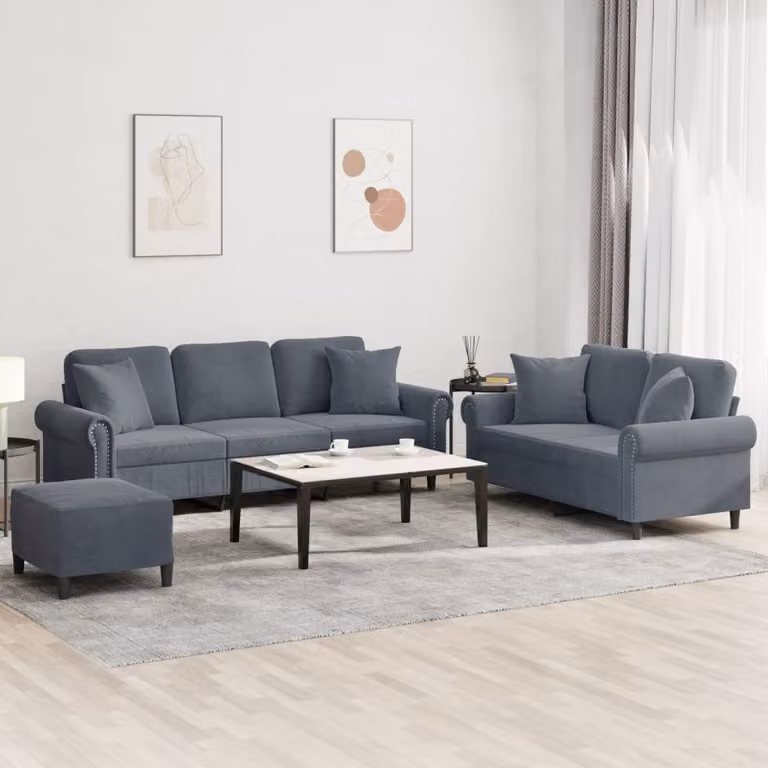 Set di divani vidaXL 3 pezzi in velluto grigio con pouf e cuscini per soggiorno moderno