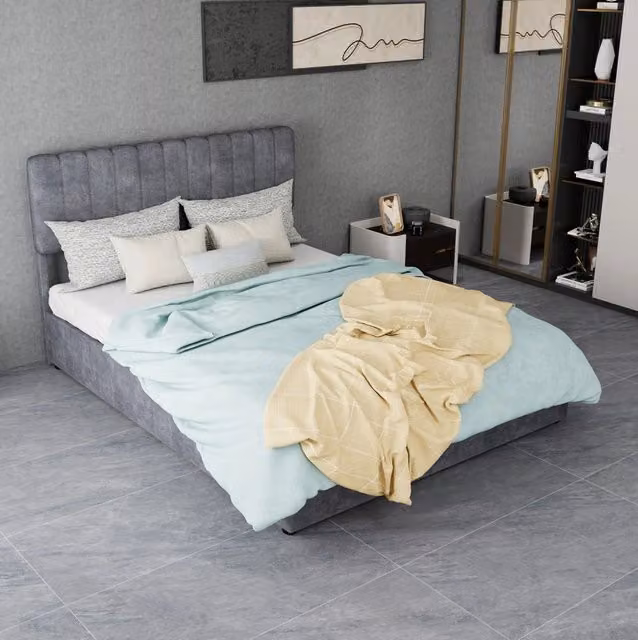 Letto 140x200 cm grigio con testiera alta; tessuto e metallo