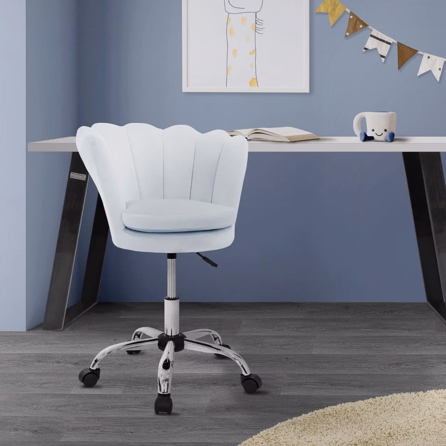 ML-Design sedia da ufficio in velluto azzurro, sedia da trucco con schienale a conchiglia, sedia girevole con rotelle, sedia da scrivania regolabile in altezza sgabello girevole