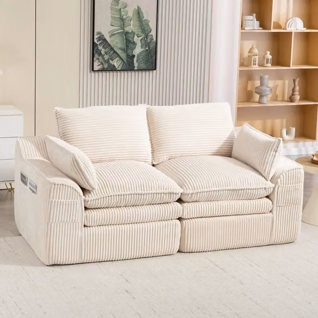 Divano a 2 posti Mivray in velluto a coste beige con cuscini inclusi, design moderno per soggiorno o ufficio, L: 191 cm, P: 85 cm, H: 94 cm – 1