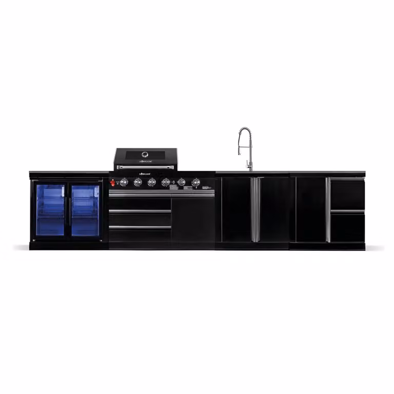 Cucina da esterno GORILLER® BLACKBACK L3, grill a gas con doppio frigorifero, lavello, superficie di lavoro aggiuntiva e spazio di archiviazione, acciaio inox, nero