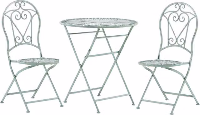 Set da bistrot Beliani verde in metallo con tavolo rotondo e 2 sedie pieghevoli per giardino, balcone o terrazzo