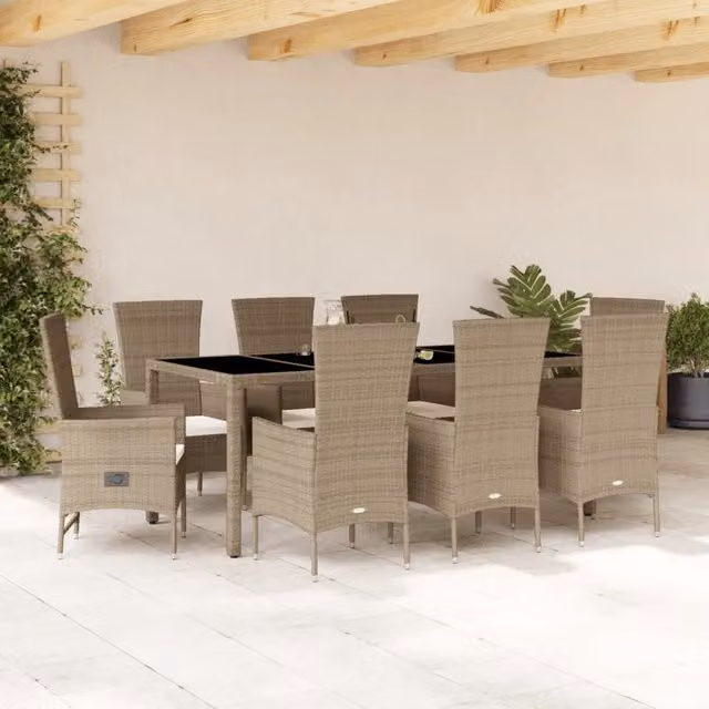 Set da Pranzo da Giardino 9 pz con Cuscini Beige in Polyrattan 3277581