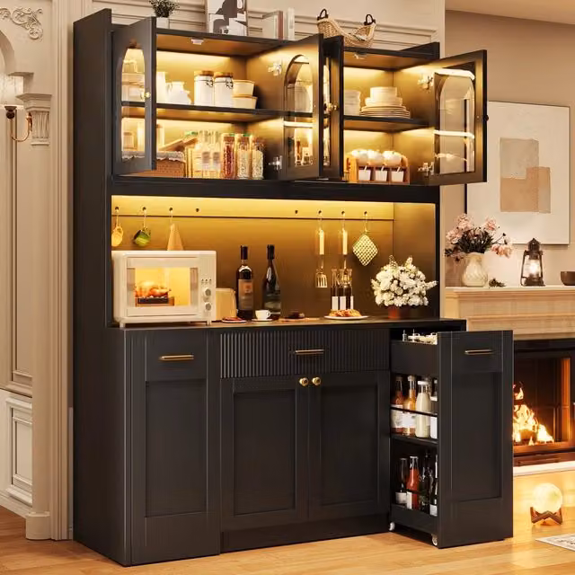 Mobile Alto Cucina con LED ¨C Minimal ¨C 120cm, Bianco/Nero, Ante in Vetro, Cassetti, Ripiani Regolabili