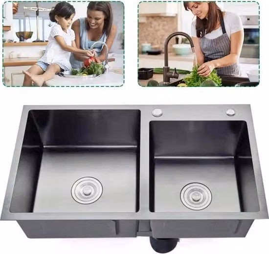 Lavandino da cucina con 2 vaschette in acciaio inossidabile - 2 lavello con dispensatore di sapone 300ml - scarico e sifone - 78 x 43