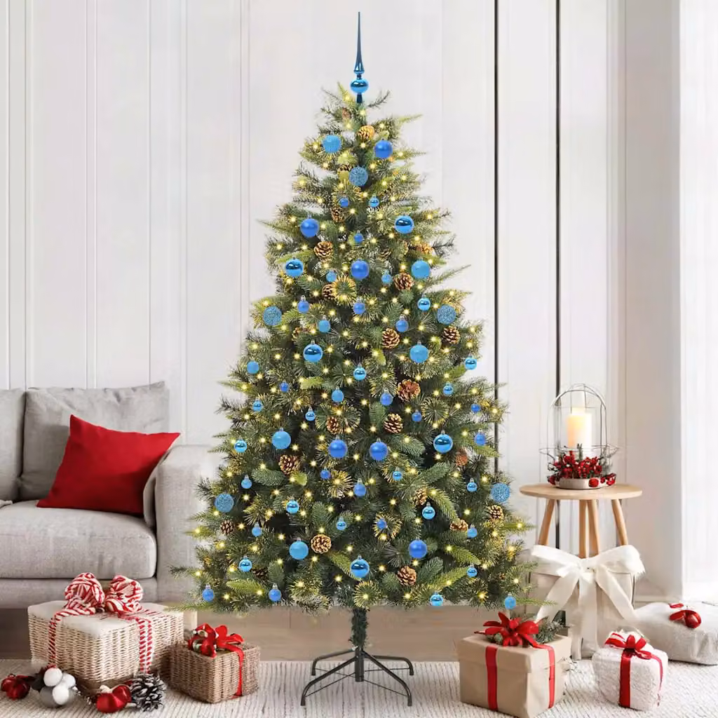 Albero di Natale artificiale pieghevole moderno vidaXL con luci LED warm white e decorazioni a coni, Verde, 210 cm