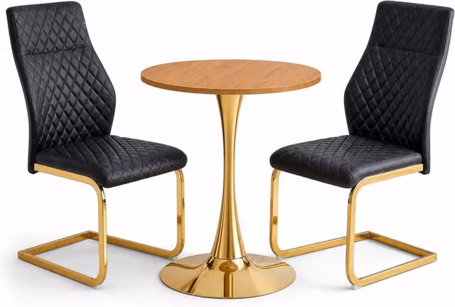 Tavolo rotondo 60 cm in MDF effetto legno, 2 sedie nere, struttura dorata