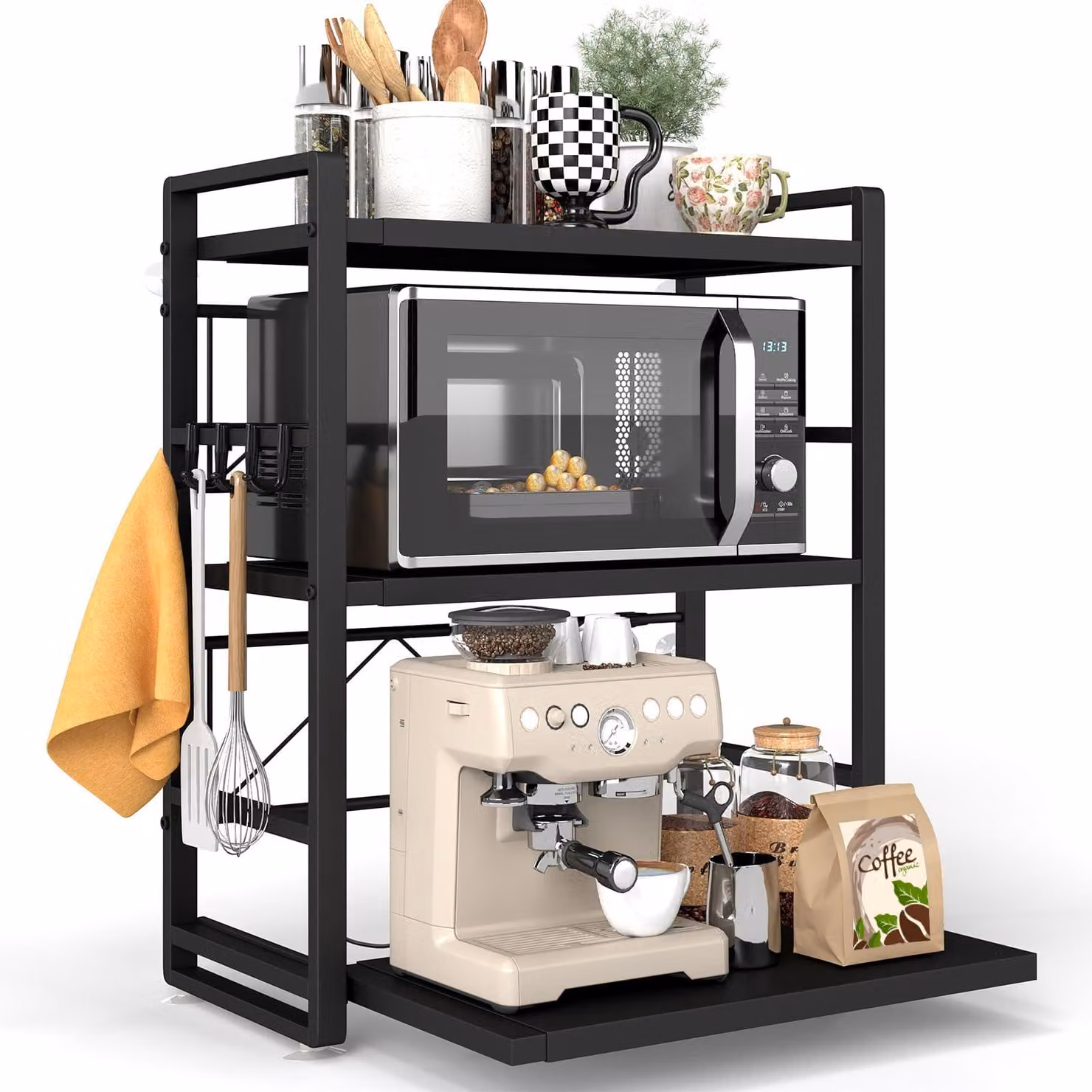 Ripiano magnetico a 3 livelli, con altezza regolabile, dotato di cassetto estraibile, Acciaio al carbonio, per la cucina