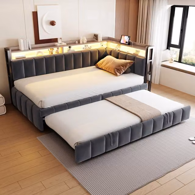 Letto divano 90×200 cm con estraibile 90×190 cm, vani, LED, USB e Type-C, senza materasso, grigio scuro