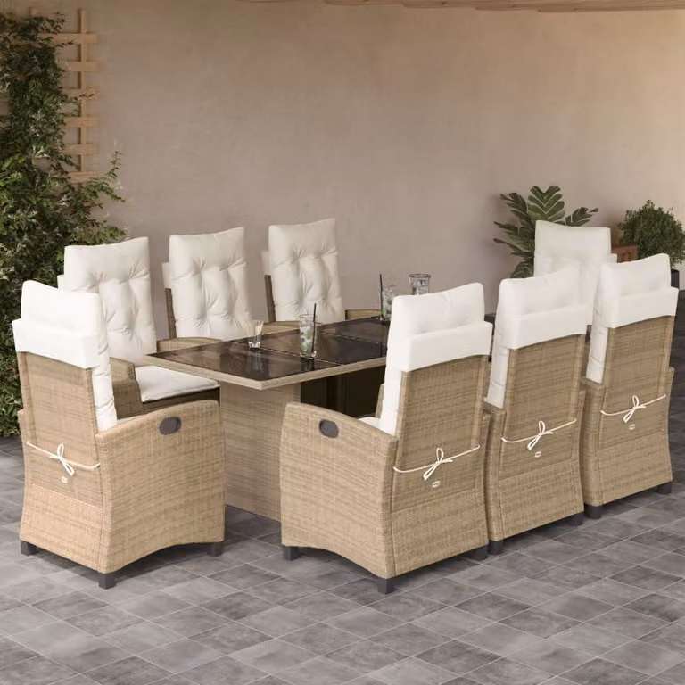 Set da Pranzo da Giardino vidaXL in Polyrattan con Cuscini Beige e Piano in Vetro, 9 Pezzi