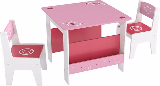 Set Tavolo e 2 Sedie per Bambini AIYAPLAY in Legno MDF con Scaffale e Disegni a Cuori, Rosa