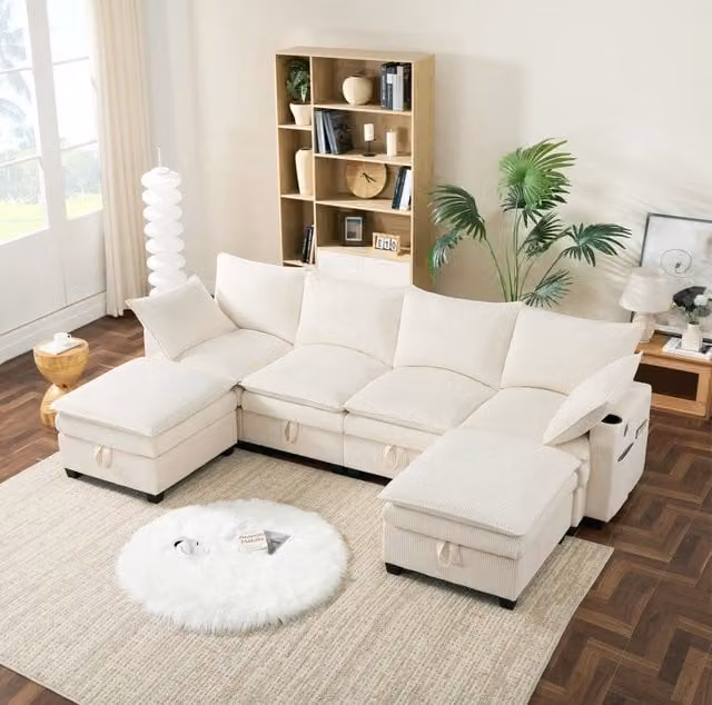 Divano modulare ULEVR beige in velluto a coste, 5-6 posti, configurazione L o U, 2 pouf, USB e contenitori