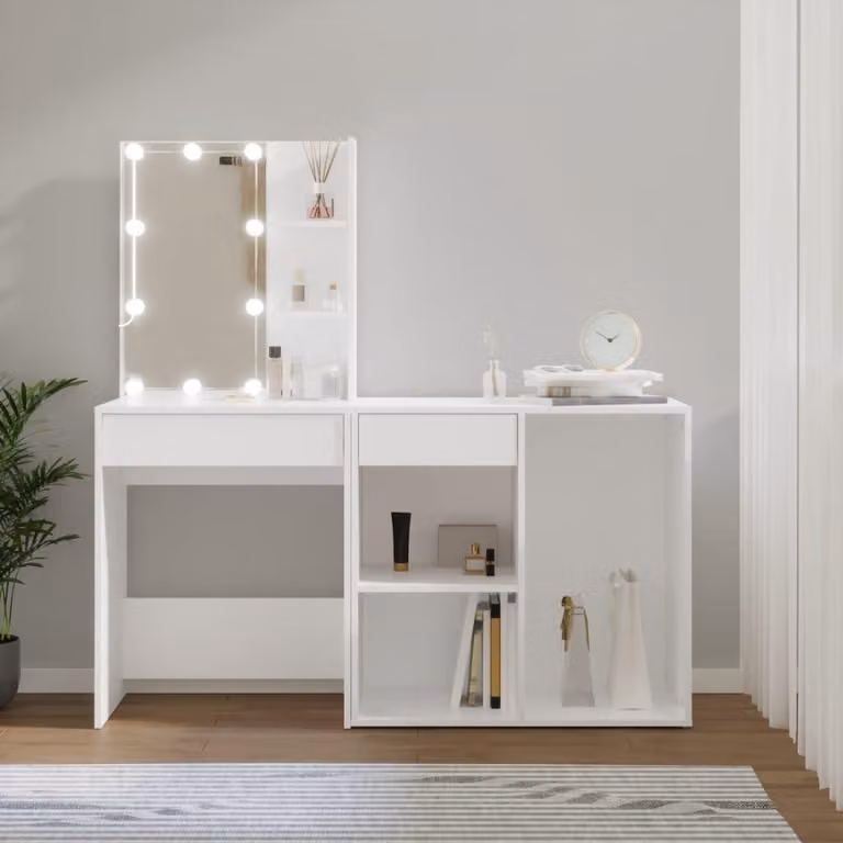 Scrivania con cassetto e illuminazione a LED, mobile moderno bianco con porta USB