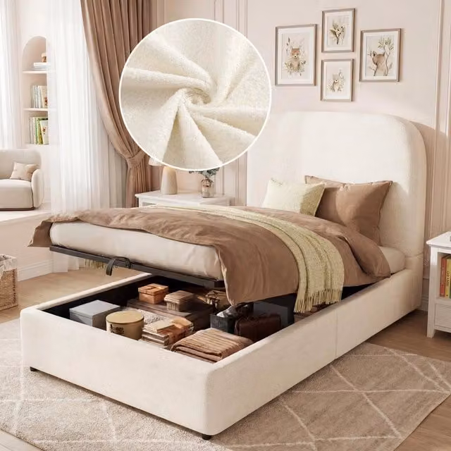 Letto Singolo Imbottito Contenitore con Testiera 90x200 ¨C Xylo ¨C Beige Boucl¨¦