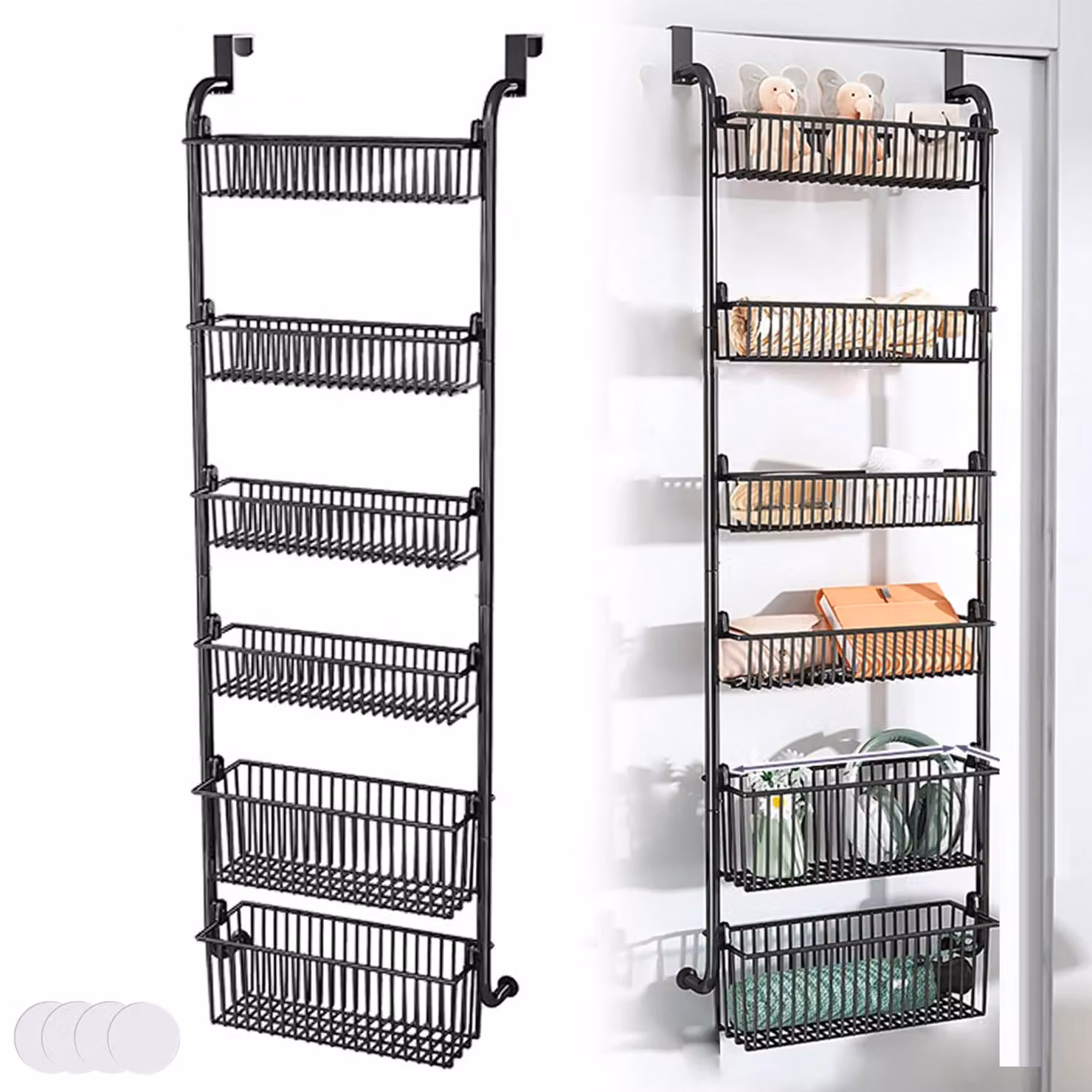 Organizzatore per porta della dispensa - Scaffale da cucina appendibile - 6 contenitori - Grande capacità - Struttura stabile anti-oscillazione - Acciaio al carbonio - Nero