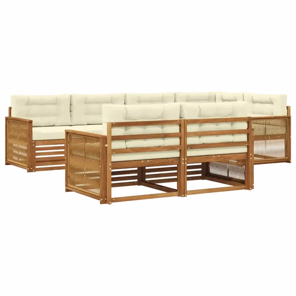 Set di divani da esterno a L vidaXL in legno di acacia con cuscini beige e bianchi – 2