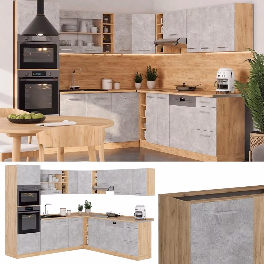 Cucina angolare moderna Vicco R-Line in finitura calcestruzzo e rovere dorato con ante in vetro e illuminazione integrata 247 x 237 cm – 2