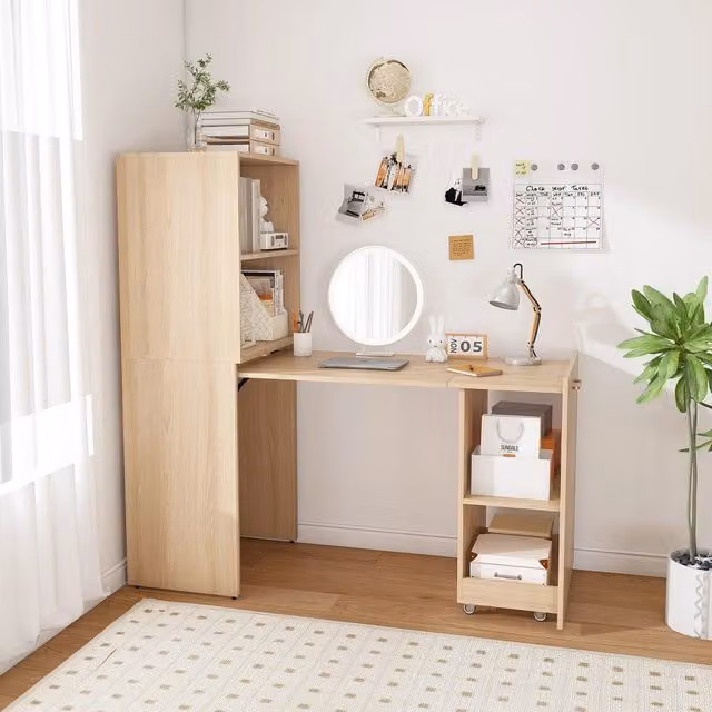 Scrivania salvaspazio Minimal con cassetti e ripiani regolabili in Rovere chiaro L: 90 cm, P: 50 cm, H: 75 cm – 1