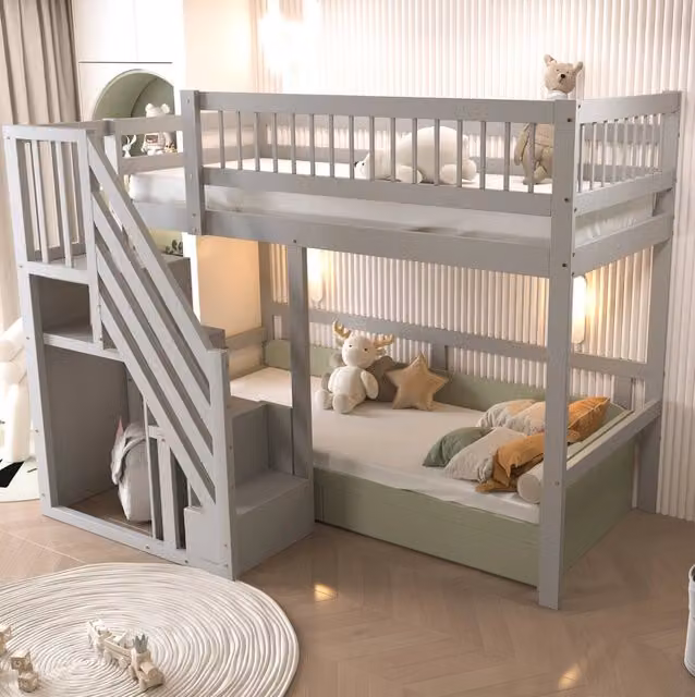 Letto singolo rialzato moderno per bambini in legno e MDF con scala contenitore e scomparti laterali, finitura grigia, H 173 x L 140 x P 205 cm