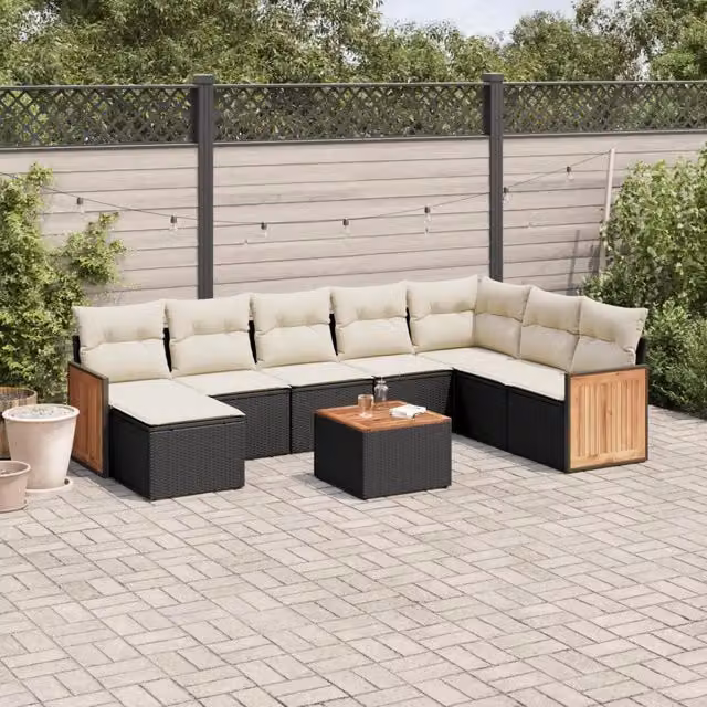 Set Divani da Giardino 9 pz con Cuscini Nero in Polyrattan 3260334