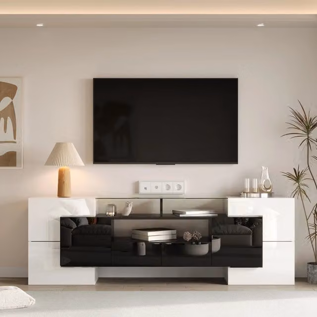 Mobile TV 200x35x60 cm Bianco Nero Lucido con LED App, 6 Ante, 2 Cassetti e 3 Vani