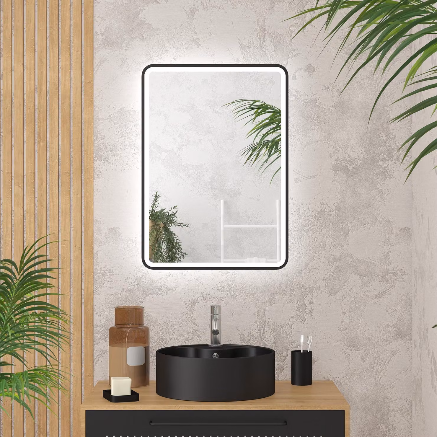Specchio a LED da parete, 70x50 cm, colore nero, illuminato