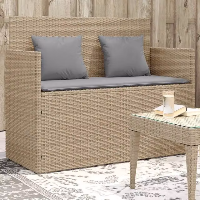 Panca da giardino moderna vidaXL in polyrattan con cuscini beige e grigi e braccioli L: 120 cm, P: 50 cm, H: 90,5 cm