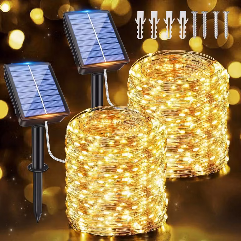 Catena luminosa solare, 2 x 15 metri, 150 LED, grado di protezione IP65, filo di rame, luce bianco caldo