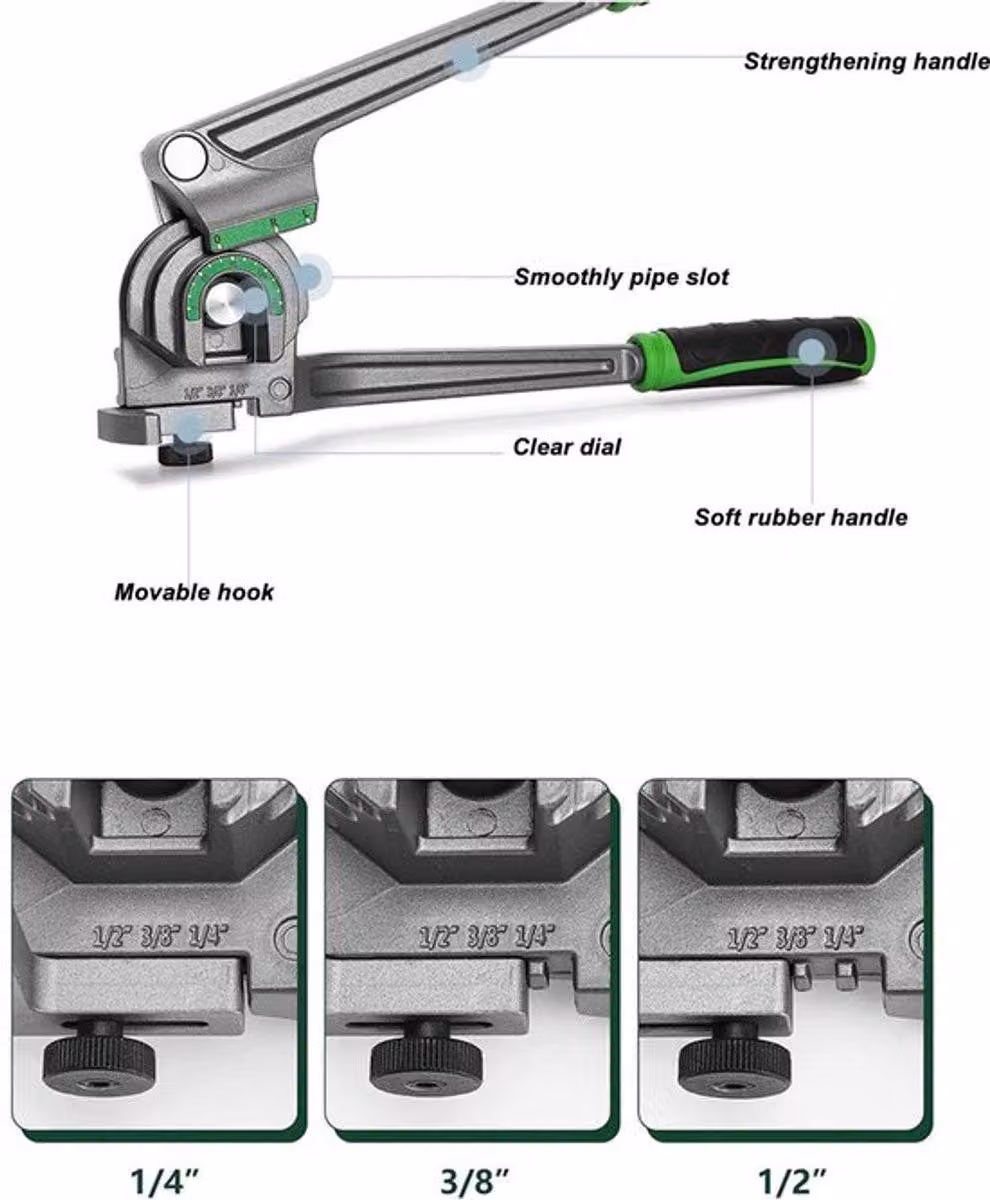 Strumento leggero 3-in-1 per piegare tubi: piega tubi da 1/4", 3/8" e 1/2"; include dischi angolari; piegatura precisa; ampio raggio di piegatura da 0 a 180 gradi