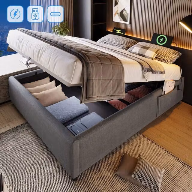 Letto Contenitore Matrimoniale 160x200 ¨C MINIMAL ¨C Tessuto Grigio, con Doghe, Senza Testiera